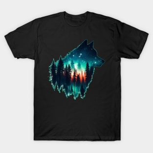 Wolf Silhouette Forest In Starry Night T-Shirt